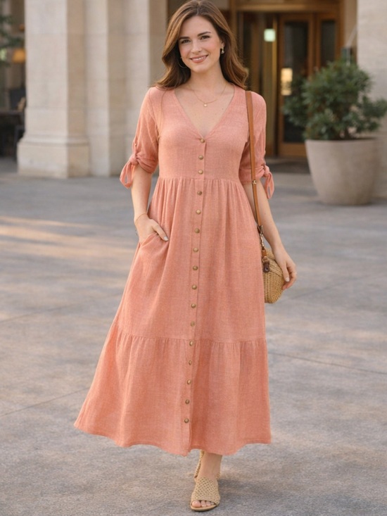 Free People Dresses & Skirts - Free People Peach Button Front Midi Dress Tie Sleeve Size L NWT